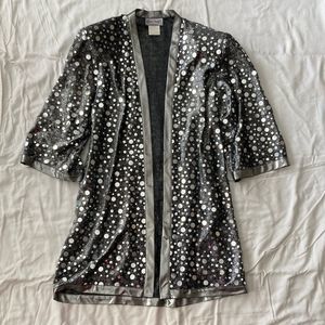 Vintage 1980s 1990s Glitzy Silver Pullover Long Duster Cardigan Disco Top Small